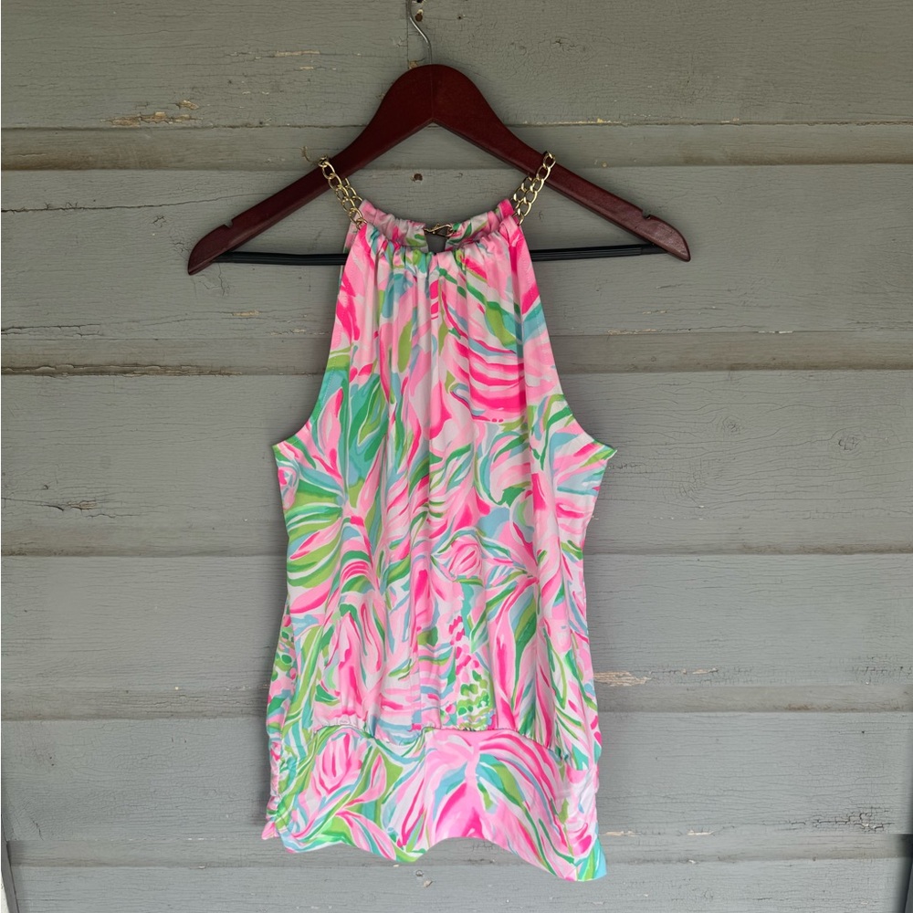 Lily Pulitzer Bowen Multi Croc My World Halter Top Gold Chain Pink Green Blue SM - Picture 3 of 5